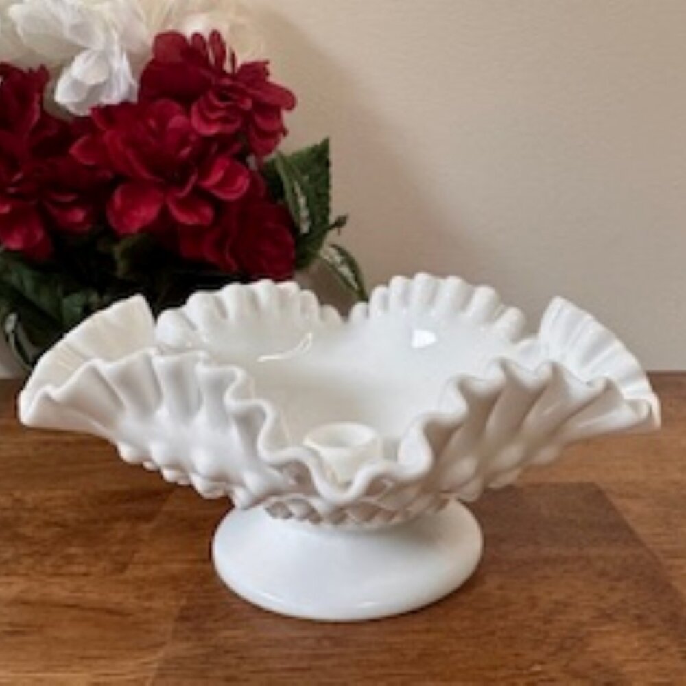 Fenton Hobnail Milk Glass Candle Bowl‎ Ruffled Edge Pedestal Holder Vintage